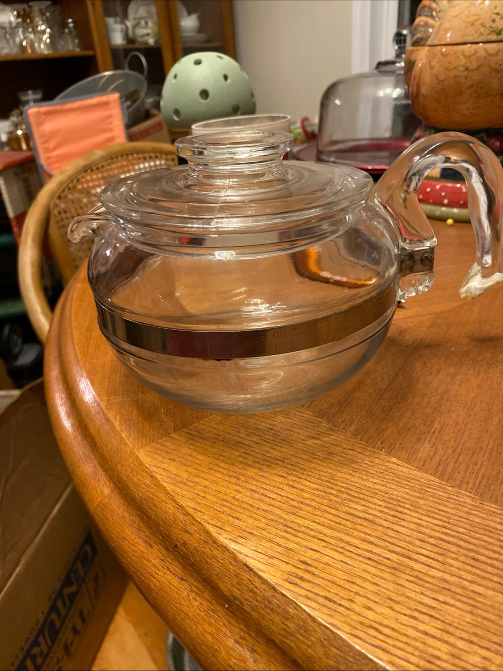 Clear Glass Teapot with Silver Band - Classic Home Kitchen. Vintage.